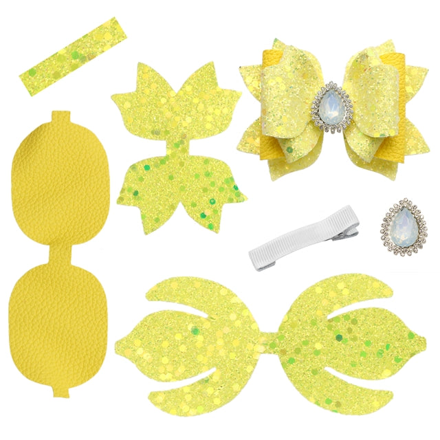 Yellow bow with Rhinestone Centerpiece Printed Faux Leather Pre-Cut Bow