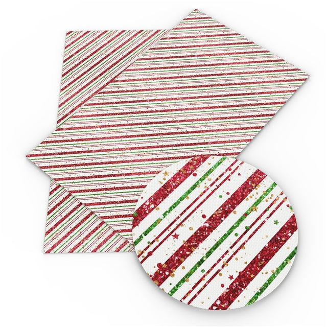 Christmas Stripes Printed Faux Leather Sheet Litchi has a pebble like feel with bright colors