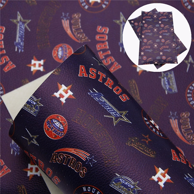 Astros Baseball Litchi Printed Faux Leather Sheet Litchi has a pebble like feel with bright colors