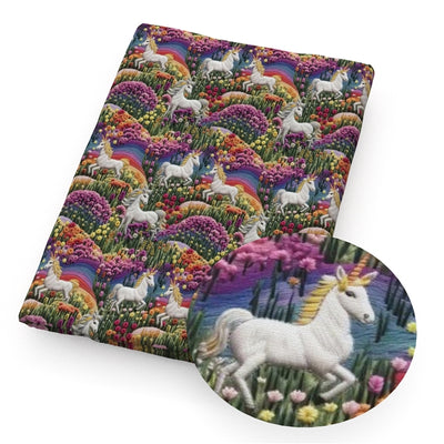 Unicorn Rainbow Litchi Printed Faux Leather Sheet Litchi has a pebble like feel with bright colors