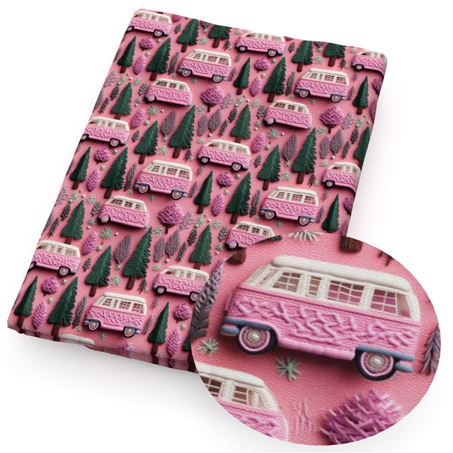Pink Van with Trees Litchi Printed Faux Leather Sheet Litchi has a pebble like feel with bright colors