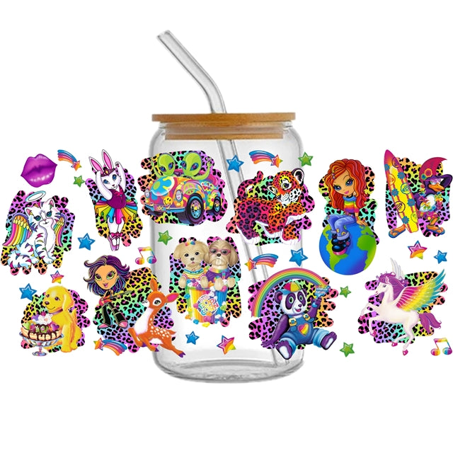 Lisa Frank UV DTF Glass Can Wrap for 16 oz Libbey Glass, Permanent and Ready to Apply, UV dtf Cup Wrap ready to ship, Glass Can Wrap