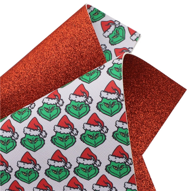 The Grinch Christmas Glitter Double Sided Pattern Faux Leather Sheet