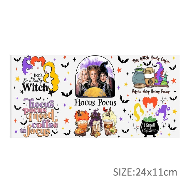 Hocus Pocus Halloween UV DTF Glass Can Wrap for 16 oz Libbey Glass, Permanent and Ready to Apply, UV dtf Cup Wrap ready to ship, Glass Can Wrap