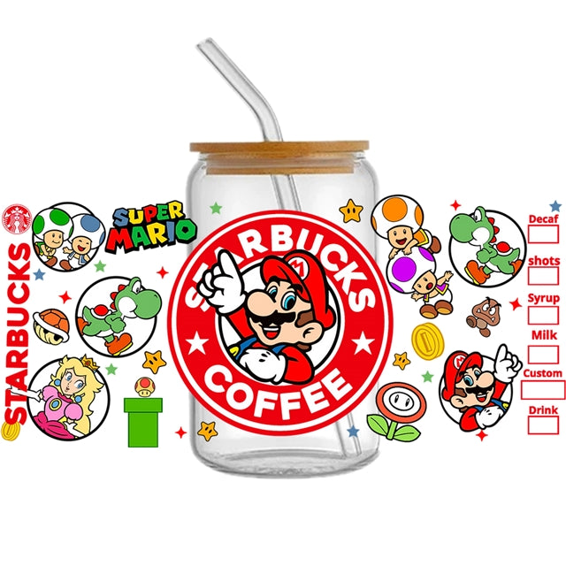 Super Mario  UV DTF Glass Can Wrap for 16 oz Libbey Glass, Permanent and Ready to Apply, UV dtf Cup Wrap ready to ship, Glass Can Wrap