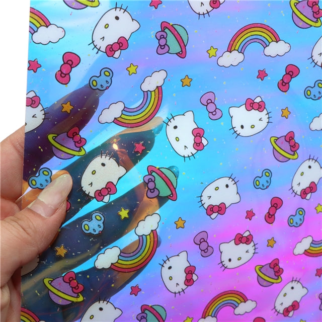 Cute Cat Holographic Printed Faux Leather Print Sheet