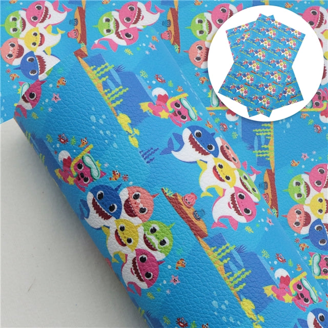 Baby Shark Litchi Printed Faux Leather Sheet Litchi has a pebble like feel with bright colors