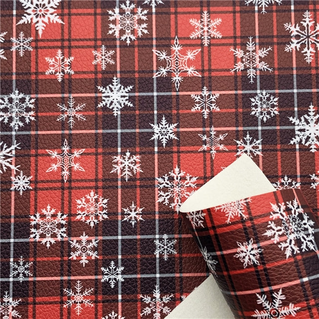 Red Christmas Plaid Litchi Printed Faux Leather Sheet