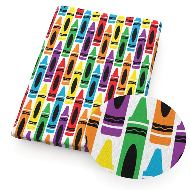 Back To School Crayons Printed Faux Leather Sheet Litchi has a pebble like feel with bright colors