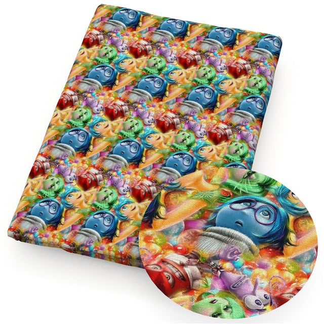 Inside Out Movie Printed Faux Leather Sheet Litchi has a pebble like feel with bright colors