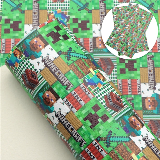 Minecraft Printed Faux Leather Sheet Litchi has a pebble like feel with bright colors