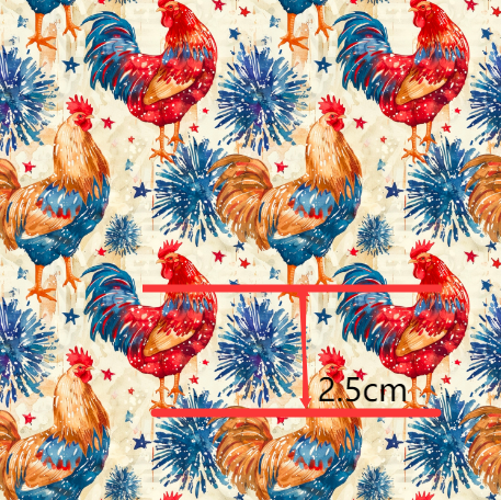 Chicken Red White and Blue Smooth Printed Faux Leather Sheet