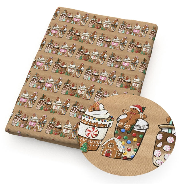 Gingerbread Christmas Drinks Litchi Printed Faux Leather Sheet Litchi has a pebble like feel with bright colors