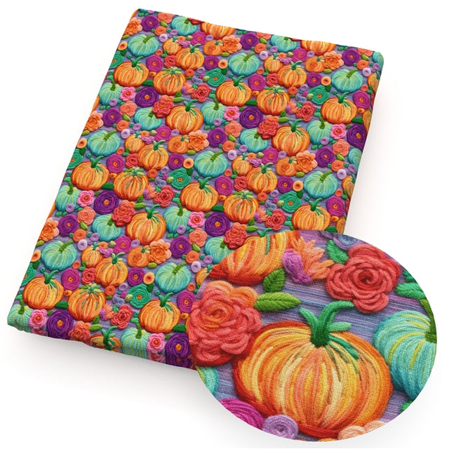 Fall Pumpkins Litchi Printed Faux Leather Sheet Litchi has a pebble like feel with bright colors