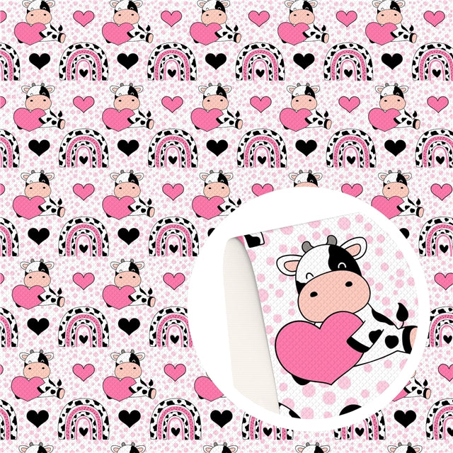 Cow Pink Rainbow Litchi Printed Faux Leather Sheet Litchi has a pebble like feel with bright colors