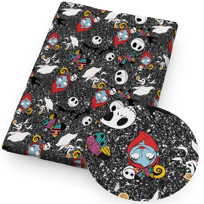 Nightmare Before Christmas Litchi Printed Faux Leather Sheet Litchi has a pebble like feel with bright colors