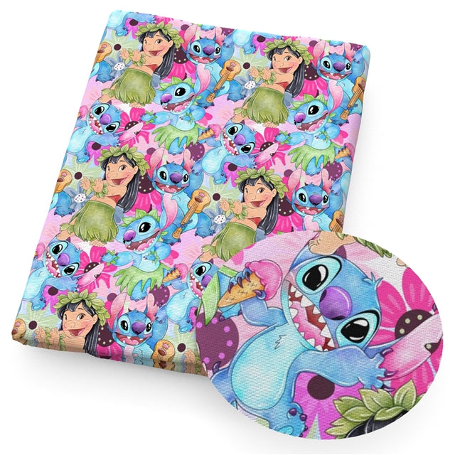 Lilo & Stitch Litchi Printed Faux Leather Sheet Litchi has a pebble like feel with bright colors