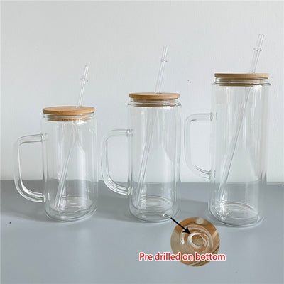 Glass Double Wall Cans with Bamboo Lid and Handle Pre-Drilled 6MM Hole