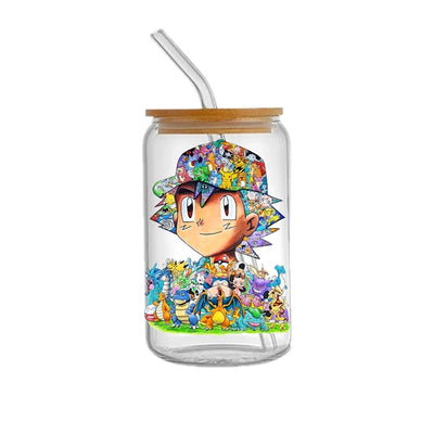 Ash on Pokemon UV DTF Glass Can Wrap for 16 oz Libbey Glass, Permanent and Ready to Apply, UV dtf Cup Wrap ready to ship, Glass Can Wrap