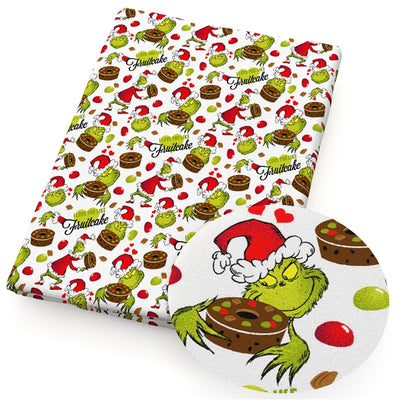 The Grinch and Fruitcake Christmas Litchi Printed Faux Leather Sheet Litchi has a pebble like feel with bright colors