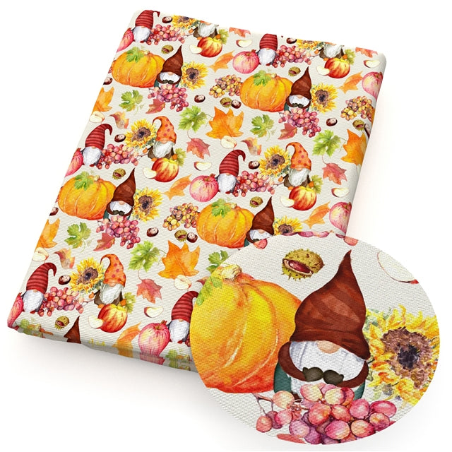 Fall Gnomes Print Litchi Printed Faux Leather Sheet Litchi has a pebble like feel with bright colors