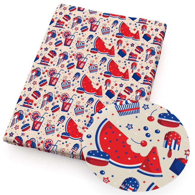 July the 4th Watermelon Red, White and Blue Litchi Printed Faux Leather Sheet Litchi has a pebble like feel with bright colors