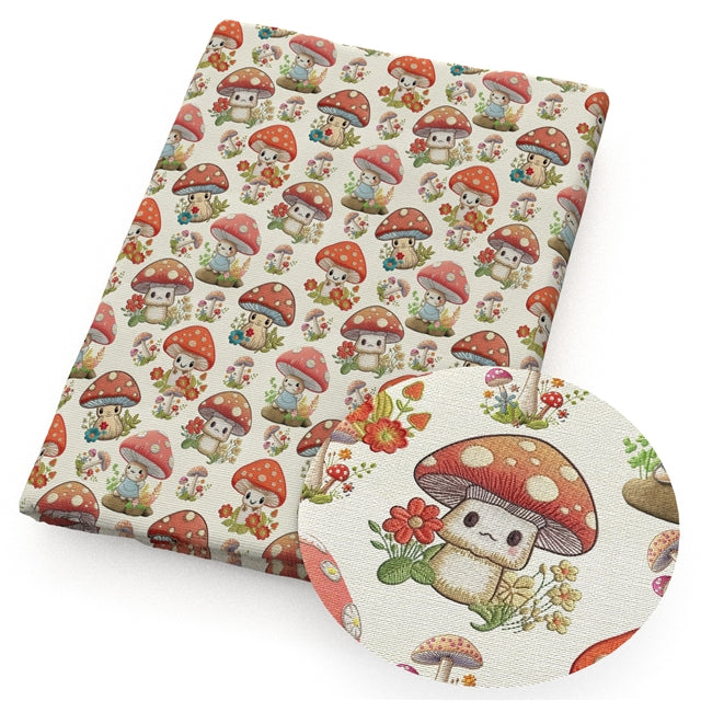 Mushrooms Characters Print Litchi Printed Faux Leather Sheet Litchi has a pebble like feel with bright colors