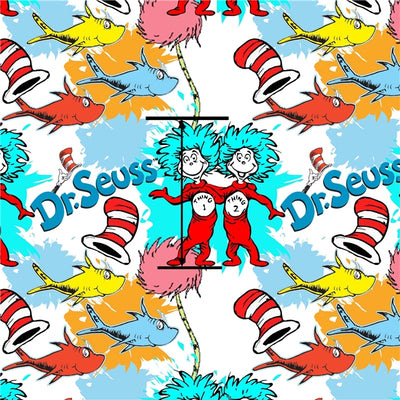 Dr Seuss Cat in The Hat Litchi Printed Faux Leather Sheet Litchi has a pebble like feel with bright colors