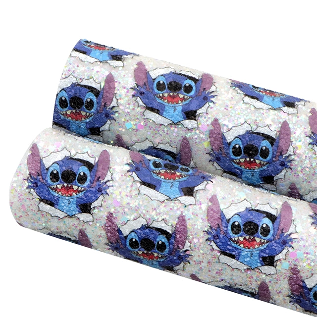 Blue Alien Chunky Glitter Printed Faux Leather Sheet