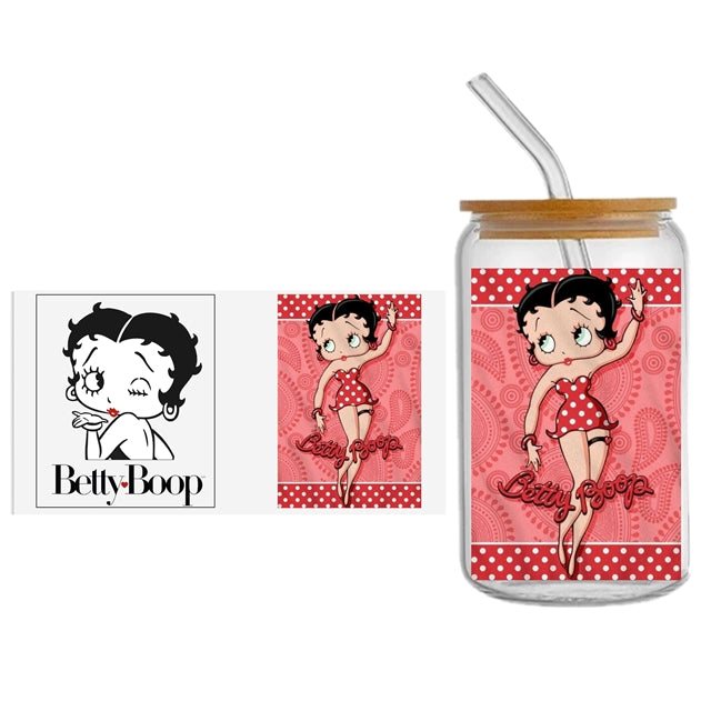 Betty Boop UV DTF Glass Can Wrap for 16 oz Libbey Glass, Permanent and Ready to Apply, UV dtf Cup Wrap ready to ship, Glass Can Wrap
