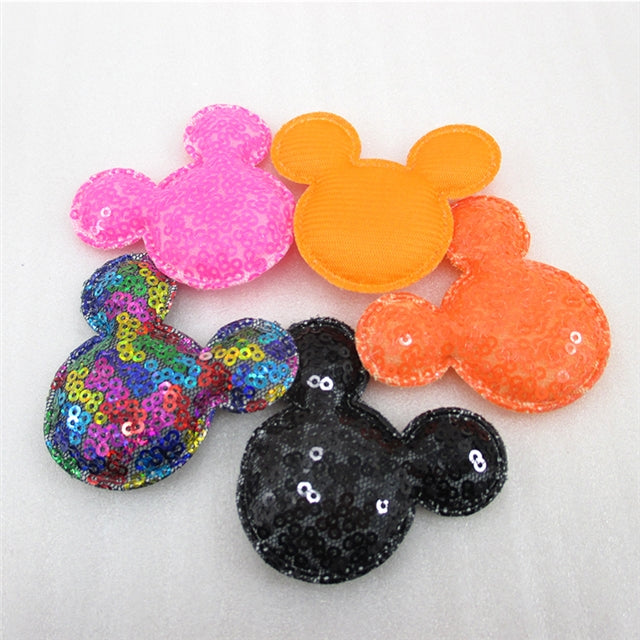 2 pcs Sequin Mouse Ears- Many Colors Mouse Head . Padded appliqué FeeFiFauxLeather
