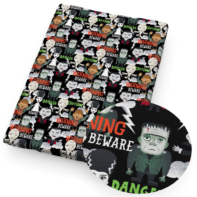 Scary Halloween Characters Halloween Litchi Printed Faux Leather Sheet Litchi has a pebble like feel with bright colors