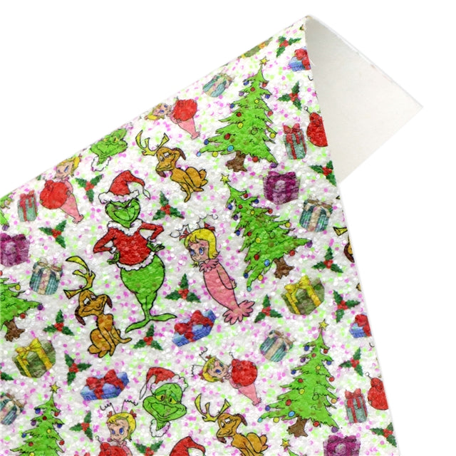 The Grinch Chunky Glitter Printed Faux Leather Sheet