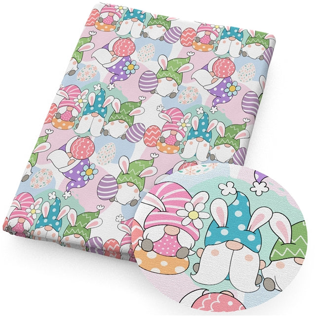 Easter Gnomes Litchi Printed Faux Leather Sheet Litchi has a pebble like feel with bright colors