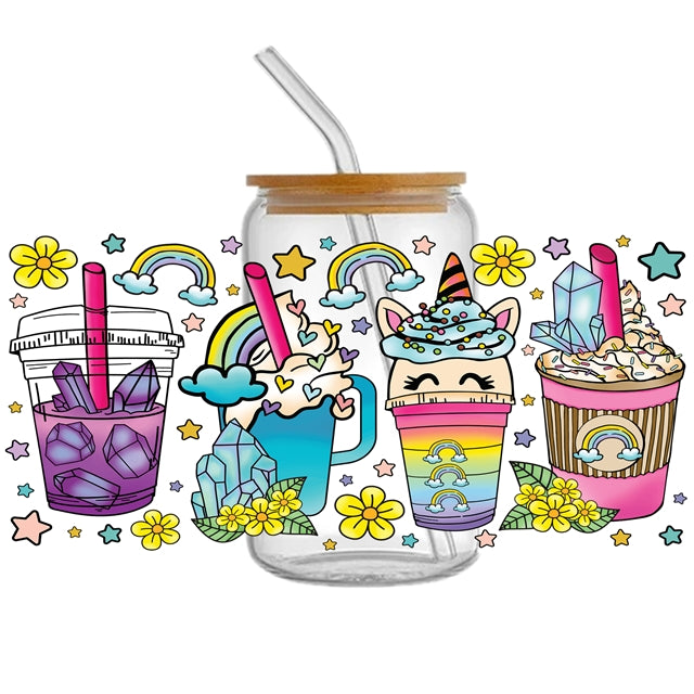 Unicorn Rainbow Coffee UV DTF Glass Can Wrap for 16 oz Libbey Glass, Permanent and Ready to Apply, UV DTF Cup Wrap ready to ship, Glass Can Wrap