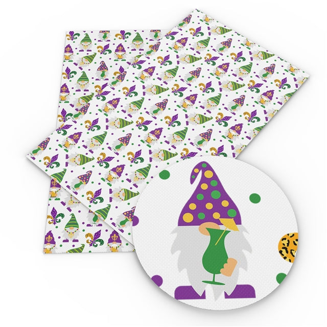 Mardi Gras Gnomes Litchi Printed Faux Leather Sheet Litchi has a pebble like feel with bright colors