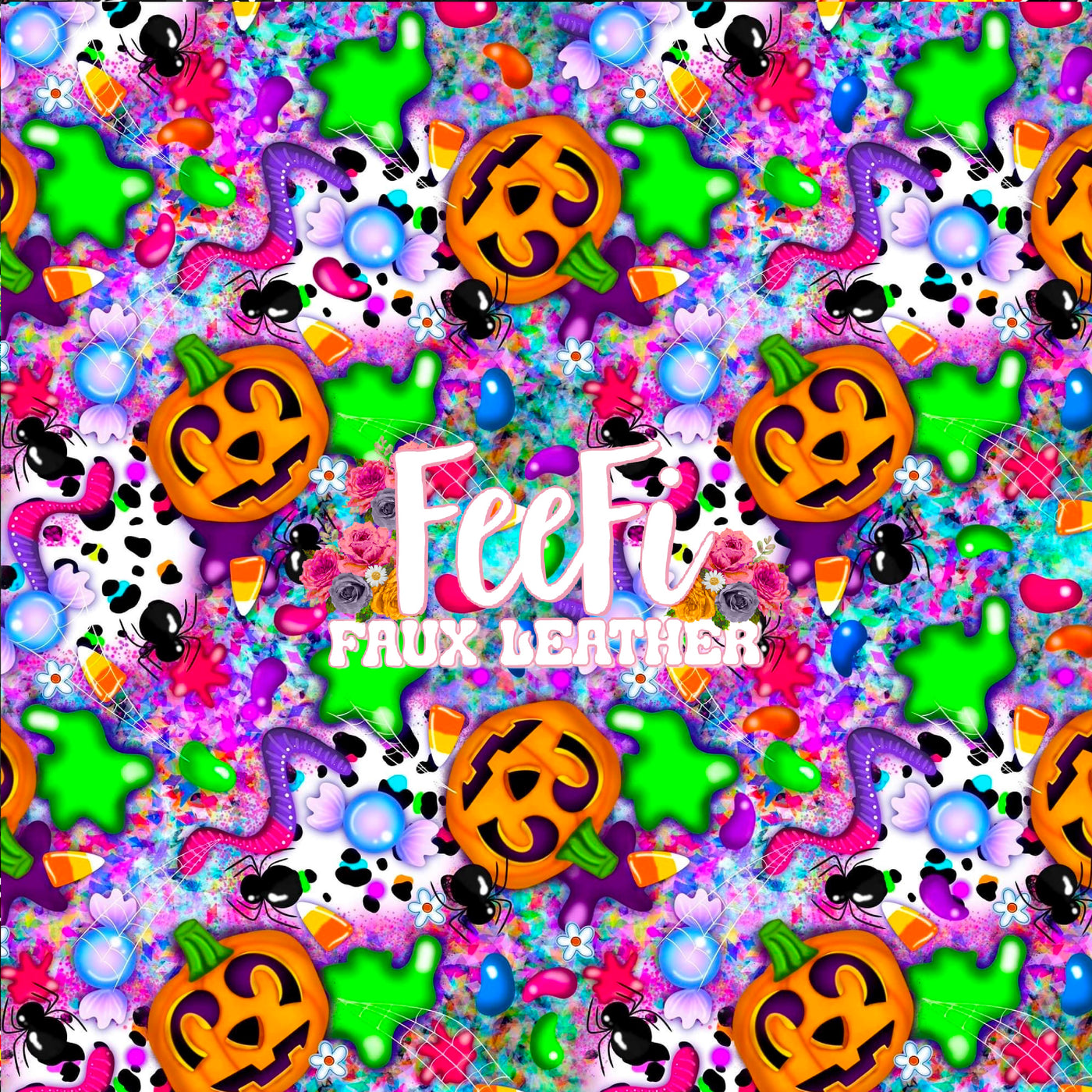 Halloween Pumpkins  Litchi Printed Faux Leather Sheet Litchi has a pebble like feel with bright colors