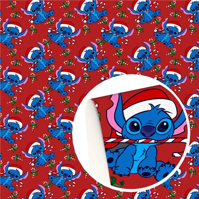 Blue Alien Christmas  Printed Faux Leather Sheet Litchi has a pebble like feel with bright colors