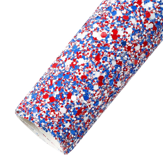 Red, White and Blue Chunky Glitter Printed Faux Leather Print Sheet