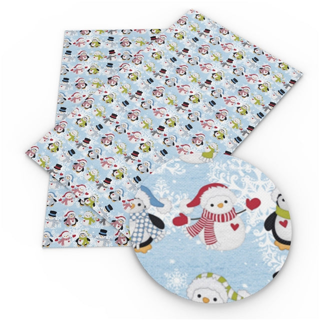 Christmas Penguins Litchi Printed Faux Leather Sheet Litchi has a pebble like feel with bright colors