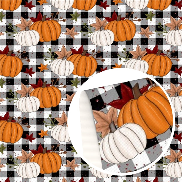 Fall Pumpkins Litchi Printed Faux Leather Sheet Litchi has a pebble like feel with bright colors