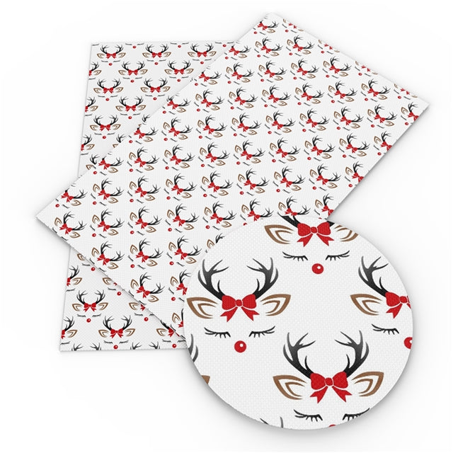 Reindeer Christmas Litchi Printed Faux Leather Sheet Litchi has a pebble like feel with bright colors