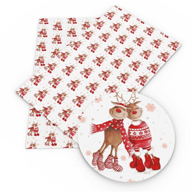 Christmas Reindeer Litchi Printed Faux Leather Sheet Litchi has a pebble like feel with bright colors