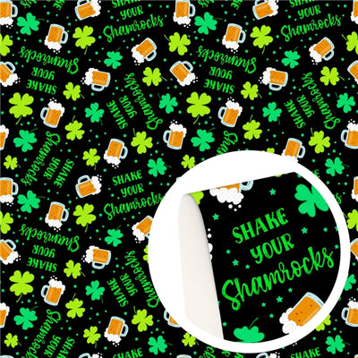 Shamrock St. Patrick’s Day Litchi Printed Faux Leather Sheet Litchi has a pebble like feel with bright colors
