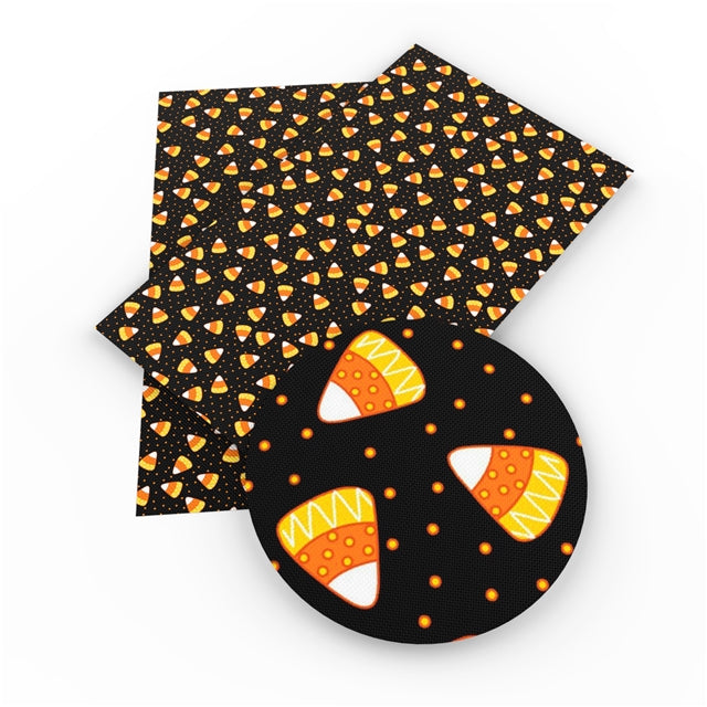 Halloween Candy Corn Litchi Printed Faux Leather Sheet Litchi has a pebble like feel with bright colors