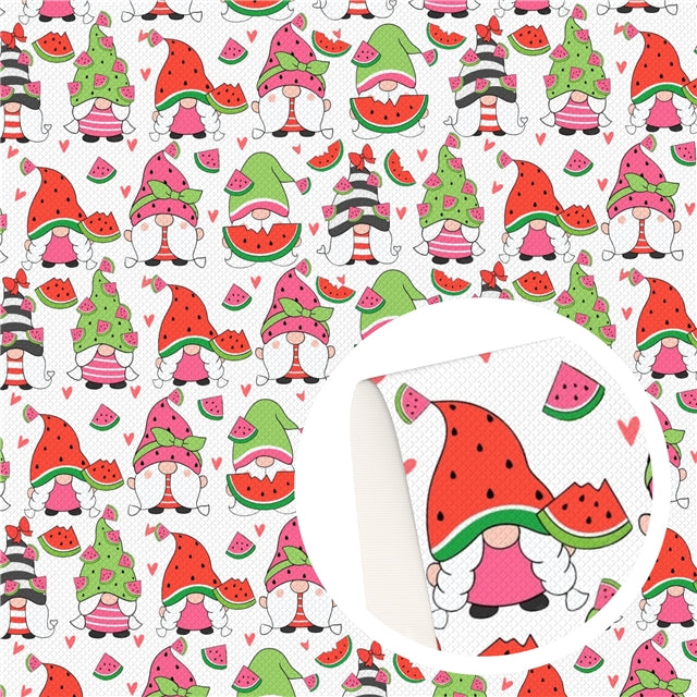 Summer Gnomes Watermelon  Litchi Printed Faux Leather Sheet  Litchi has a pebble like feel with bright colors