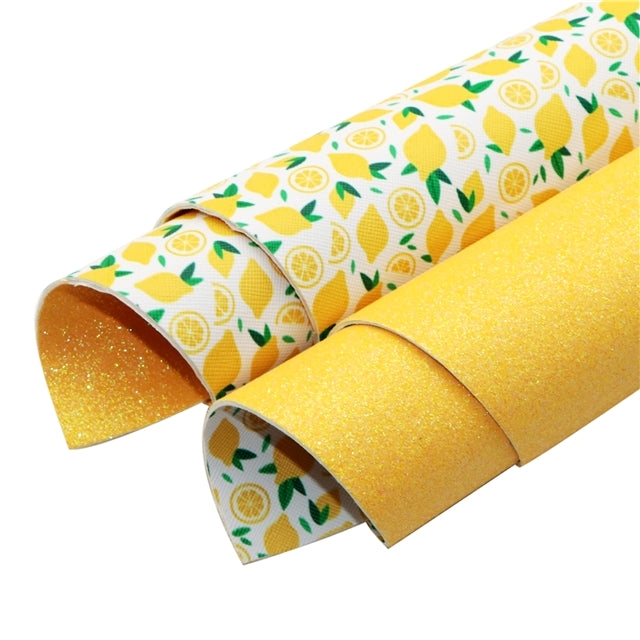 Lemon and Yellow Glitter Double Sided Pattern Faux Leather Sheet