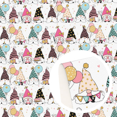 Birthday Gnomes Litchi Printed Faux Leather Sheet Litchi has a pebble like feel with bright colors