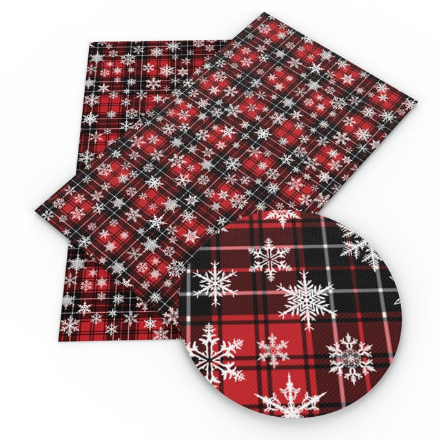 Red Christmas Plaid Litchi Printed Faux Leather Sheet Litchi has a pebble like feel with bright colors