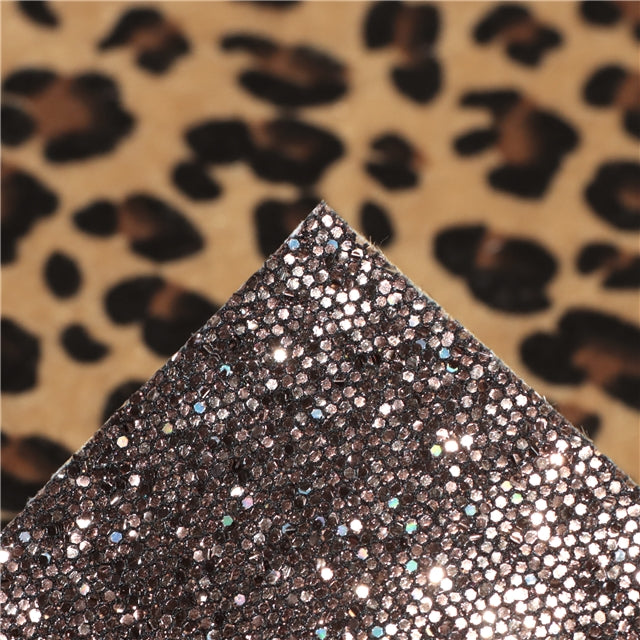 Cheetah Fabric Brown Glitter Double Sided Pattern Faux Leather Sheet